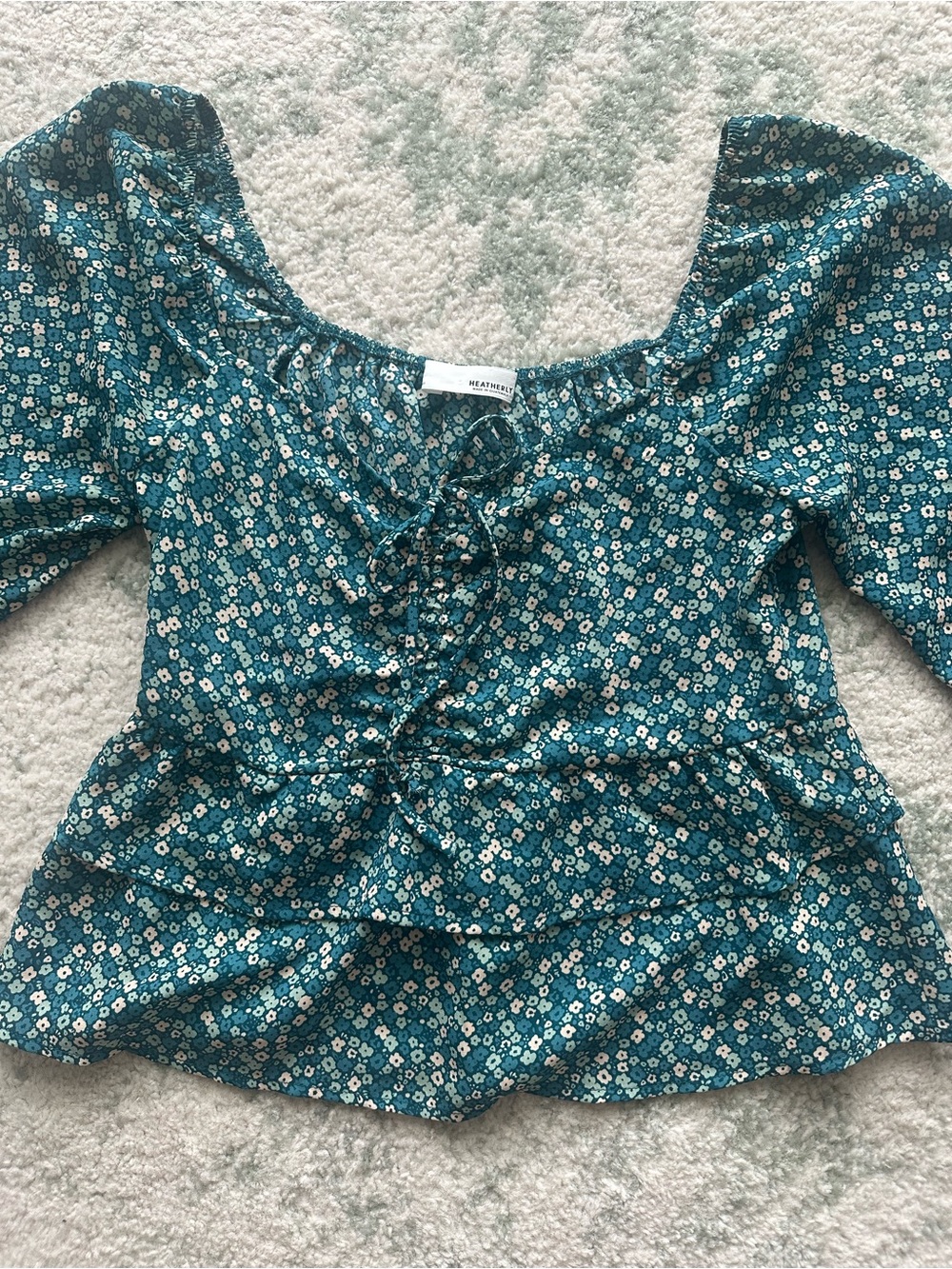 Boho Flowy Teal Floral Peplum Tie-Front Top